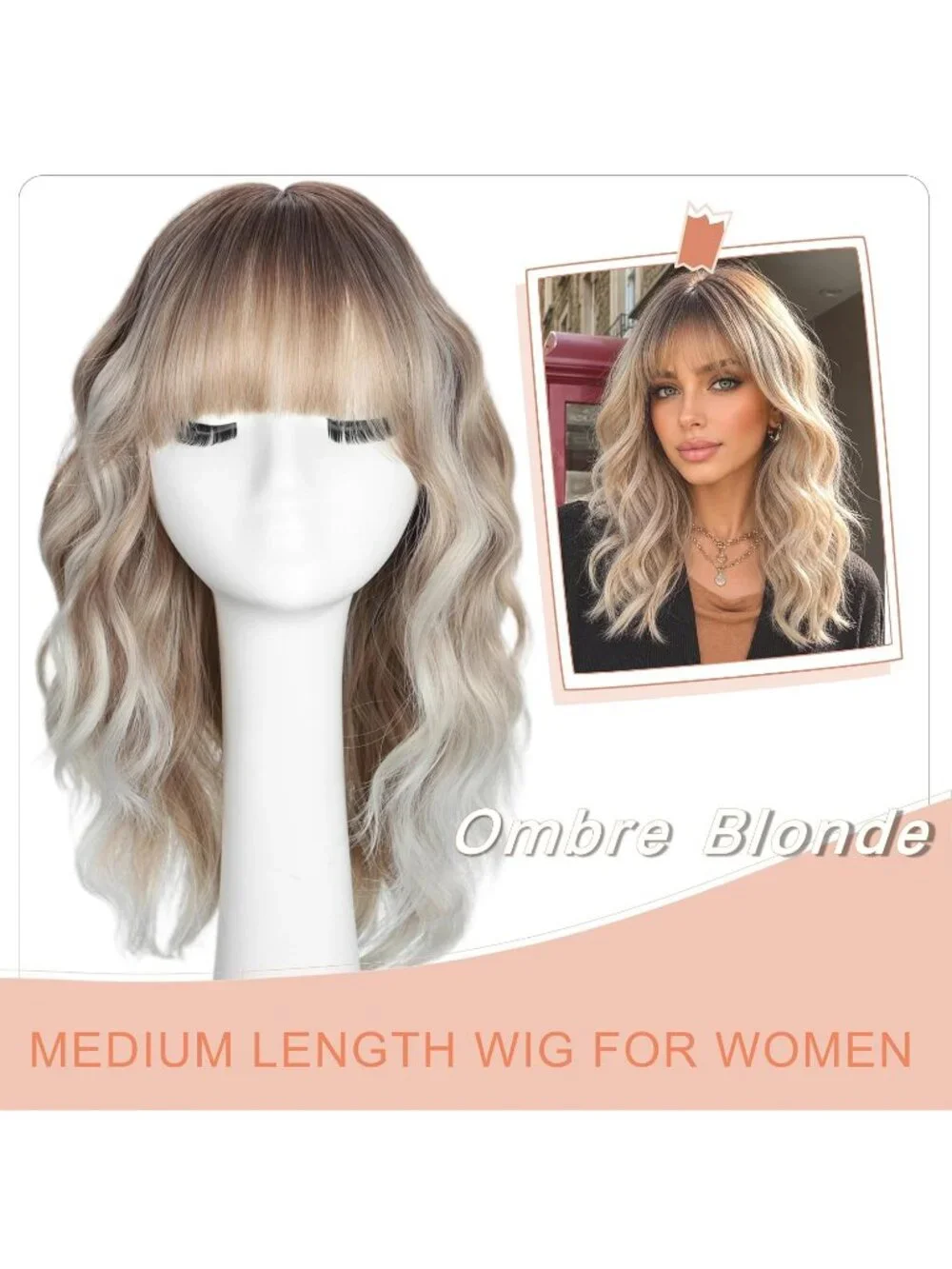 Women's Ombre Blonde 16 Inch Wavy Wig With Bangs Shoulder Length Synthetic Hair